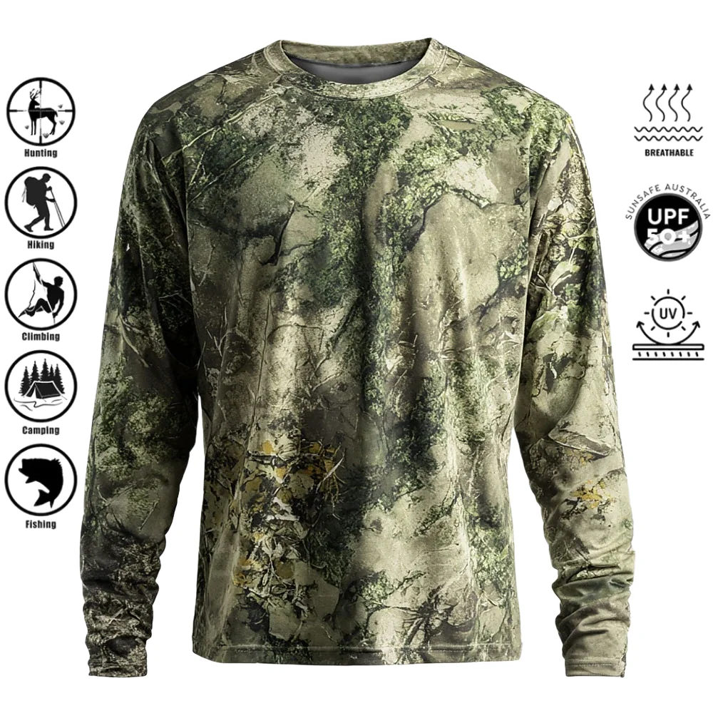 Hunting Outdoors - เสื้อยืดแขนยาวผู้ชาย โพลีเอสเตอร์ พิมพ์ลาย 3D ลายพราง ป้องกันรังสียูวี